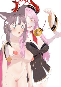 2girls @_@ alternate_costume animal_ear_fluff animal_ears between_breasts black_bra black_hair blue_archive blush bra breasts brown_hair chisaka_airi cleavage cleft_of_venus clothed_female_nude_female coin coin_on_string colored_inner_hair completely_nude demon_horns detached_collar dress fangs flower fox_ears fox_girl grabbing_another&#039;s_breast grabbing_from_behind groping hair_flower hair_ornament hairclip halo hat holding holed_coin horns hypnosis jacket large_breasts long_hair long_sleeves makeup mind_control multicolored_hair multiple_girls multiple_horns navel necktie necktie_between_breasts nipples nude open_mouth orange_eyes parted_bangs pendulum phase_connect pink_hair pussy rayos red_eyes red_horns red_necktie satsuki_(blue_archive) short_necktie sidelocks simple_background skirt smile streaked_hair two-tone_hair underwear virtual_youtuber white_background white_hair white_jacket white_skirt wide_sleeves yellow_eyes yuri