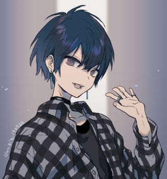 Rule 34 | 1boy, artist name, bad id, bad pixiv id, black hair, black shirt, collarbone, collared shirt, copyright request, dated, earrings, fang, grey eyes, greyscale, hair between eyes, hand up, jewelry, layered shirt, light particles, long sleeves, looking at viewer, male focus, monochrome, multiple rings, open clothes, open mouth, open shirt, plaid clothes, plaid shirt, ring, shirt, shoden, short hair, smile, solo, undershirt, upper body