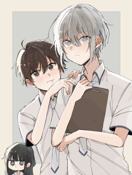Rule 34 | 1girl, 2boys, :t, ahoge, bishounen, black hair, black trim, blue necktie, blunt bangs, blush, border, brown eyes, brown hair, clipboard, collared shirt, fruits basket, grey background, grey eyes, grey hair, hair between eyes, half updo, hand on own elbow, hands on another's shoulders, holding, holding clipboard, jitome, kuragi machi, looking at viewer, manabe kakeru, multiple boys, necktie, school uniform, shirt, short hair, short sleeves, sidelocks, sohma yuki, upper body, user rarp4453, white shirt, wing collar, yellow border