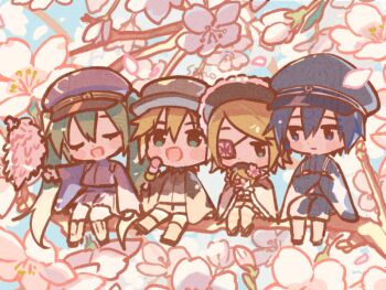 2boys 2girls :d blue_eyes cherry_blossoms chibi chibi_only closed_eyes dango doll eyepatch food green_eyes hat hatsune_miku holding holding_doll holding_food in_tree kagamine_len kagamine_rin kaito_(vocaloid) military_hat military_uniform multiple_boys multiple_girls open_mouth peaked_cap sanshoku_dango senbonzakura_(vocaloid) sinaooo sitting sitting_in_tree smile tree vocaloid wagashi