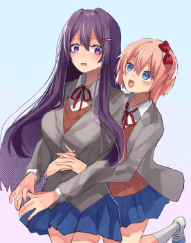 2girls aqua_background blazer blue_eyes blue_skirt blush bow brown_sweater_vest brown_vest collared_shirt commentary_request doki_doki_literature_club doki_doki_literature_club_school_uniform eyelashes grey_jacket hair_between_eyes hair_bow hair_intakes hair_ornament hairclip highres hug hug_from_behind jacket long_hair long_sleeves multiple_girls muno_beam neck_ribbon open_clothes open_jacket open_mouth own_hands_together pink_hair purple_eyes purple_hair red_bow red_ribbon ribbon sayori_(doki_doki_literature_club) school_uniform shirt shoes short_hair simple_background skirt smile socks standing standing_on_one_leg sweater_vest vest white_shirt white_shoes white_socks yuri_(doki_doki_literature_club)
