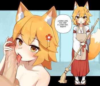 1boy 1girl animal_ear_fluff animal_ears apron bamboo_broom blonde_hair blush broom brown_apron english_text erection fellatio flower fox_ears fox_girl fox_tail full_body grabbing_another's_penis hair_between_eyes hair_flower hair_ornament hakama hakama_skirt hetero highres holding holding_broom japanese_clothes kimono kurohi_drw large_tail licking licking_penis loli looking_at_viewer miko multiple_views nude open_mouth oral orange_hair penis penis_on_face red_hakama ribbon-trimmed_sleeves ribbon_trim sandals senko_(sewayaki_kitsune_no_senko-san) sewayaki_kitsune_no_senko-san short_hair simple_background skirt smile solo solo_focus speech_bubble standing tabi tail testicles tongue tongue_out topless_female uncensored veins veiny_penis white_kimono wide_sleeves yellow_eyes