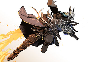 Rule 34 | 1boy, arm mounted weapon, armor, black boots, black gloves, black scarf, blue tunic, boots, breastplate, elden ring, elden ring nightreign, fighting stance, fire, flaming weapon, full body, gloves, helmet, holding, holding sword, holding weapon, rokko nr315, scarf, sheath, sheathed, short sword, solo, sword, tunic, weapon, white background, winged helmet, wylder (elden ring)