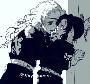 2girls belt blush braid butterfly_hair_ornament commentary demon_slayer_uniform eye_contact full-face_blush greyscale hair_ornament jacket kanroji_mitsuri kimetsu_no_yaiba kochou_shinobu koyomania long_hair looking_at_another mole mole_under_eye monochrome multiple_girls sweat twin_braids twitter_username yuri