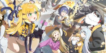 Rule 34 | > <, 2boys, 4girls, absurdres, animal ear fluff, animal ears, asymmetrical gloves, belle (delicate sunlight) (zenless zone zero), belle (zenless zone zero), bird, black bird, black fur, black gloves, black unitard, blonde hair, blue hair, bow, bracelet, breasts, cat, cleavage cutout, clothing cutout, collared shirt, colored inner hair, crop top, dress, elbow gloves, fingerless gloves, gloves, green eyes, grey shirt, hair ornament, hat, high-waist shorts, highres, jacket, jewelry, ju fufu, large breasts, long hair, multicolored fur, multicolored hair, multiple boys, multiple girls, official alternate costume, orange dress, pan yinhu, panda boy, panda ears, pantyhose, purple shirt, round eyewear, shirt, shorts, single elbow glove, single hair intake, smile, spiked bracelet, spikes, striped fur, tail, tail bow, tail ornament, tiger ears, tiger girl, tiger stripes, tiger tail, white hair, white hat, white pantyhose, wise (soaring crane) (zenless zone zero), wise (zenless zone zero), wok, yellow eyes, yellow jacket, yin yang pin, yixuan (zenless zone zero), zenless zone zero, ziki (gkdlfnzo1245)