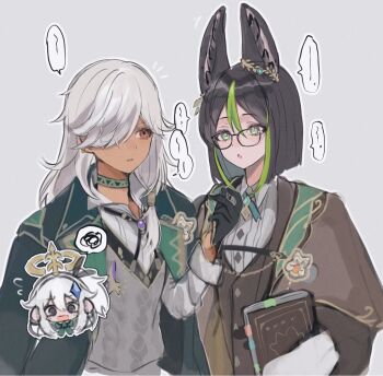 1girl 2boys animal_ear_fluff animal_ears black_hair closed_mouth cyno_(duolingo)_(genshin_impact) cyno_(genshin_impact) dark-skinned_male dark_skin duolingo fox_boy fox_ears genshin_impact green_hair grey_hair hair_between_eyes hair_ornament hair_over_one_eye halo holding long_hair looking_at_viewer male_focus multicolored_hair multiple_boys nayul_illust open_mouth paimon_(duolingo)_(genshin_impact) paimon_(genshin_impact) red_eyes tighnari_(duolingo)_(genshin_impact) tighnari_(genshin_impact) white_hair