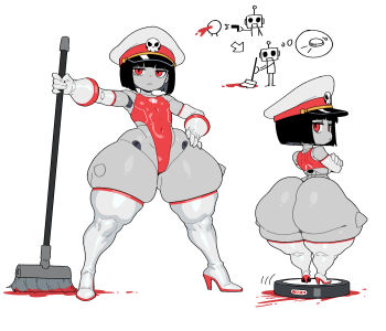 1girl android ass bingbingzi black_hair blood boots colored_skin commentary curvy dual_persona gloves grey_skin hands_on_own_hips hat high_heel_boots high_heels highleg highleg_leotard highres huge_ass leotard original peaked_cap red_eyes robot robot_girl robot_girl_(bingbingzi) robotic_vacuum_cleaner short_hair shortstack simple_background thick_thighs thigh_boots thighs untranslatable_commentary white_background wide_hips