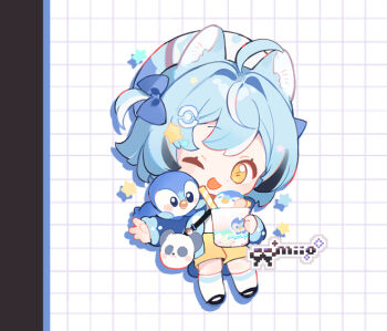 Rule 34 | 1girl, ;d, ahoge, animal ears, arin (fanfan013), artist name, black shoes, blue bow, blue hair, blue jacket, blush, bow, cat ears, cat girl, chibi, chibi only, cup, dot nose, double-parted bangs, drop shadow, full body, grid background, hair bow, hair intakes, holding, holding cup, jacket, kneehighs, long sleeves, looking at viewer, one eye closed, one side up, open clothes, open jacket, open mouth, original, shoes, short hair, shorts, smile, socks, solo, standing, striped clothes, striped socks, white background, yellow eyes, yellow shorts