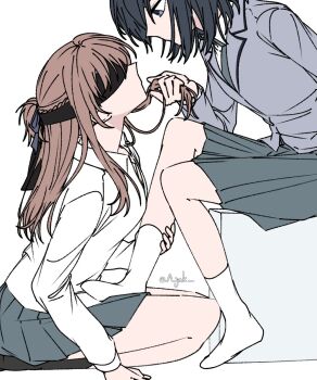 2girls a_jak black_hair black_socks blindfold blue_eyes blue_ribbon braid brown_hair grey_jacket grey_skirt hair_ribbon half_up_braid highres holding_another&#039;s_hair jacket kneehighs long_hair long_sleeves medium_hair miyagi_shiori multiple_girls no_shoes pleated_skirt ribbon school_uniform sendai_hazuki shirt shuuniichido_classmate_wo_kau_hanashi sidelocks simple_background skirt socks white_background white_shirt white_socks yuri