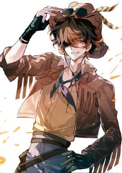 1boy alternate_costume asymmetrical_gloves black_gloves blue_neckerchief blue_pants brown_hair brown_jacket colored_tips cowboy_hat cowboy_shot downturned_eyes especiala eyepatch eyewear_on_headwear fingerless_gloves florian_brand florian_brand_(&quot;puffing&quot;) gloves grin hand_on_headwear hashtag-only_commentary hat highres identity_v jacket looking_at_viewer male_focus mismatched_gloves multicolored_hair neckerchief official_alternate_costume orange_eyes pants sheriff_(western) sheriff_badge shirt shirt_tucked_in smile smirk solo sunglasses wavy_hair yellow_shirt