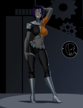1girl alternate_costume belt_pouch bindi bodysuit boots breasts colored_skin cosplay dc_comics deathstroke facial_mark female_focus forehead_jewel forehead_mark grey_skin hand_in_own_hair high_heels knee_boots large_breasts midriff morganagod navel pouch purple_hair raven_(dc) shoes short_hair shoulder_pads slade_wilson solo teen_titans