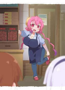 3girls :d absurdres adjusting_footwear blue_pants blue_shirt blurry blurry_foreground breasts brown_hair candy_store cleavage collarbone commentary_request dated dragon_girl dragon_horns from_behind full_body gradient_hair hairband highres horns huge_breasts ilulu_(maidragon) indoors jar kanna_kamui kobayashi-san_chi_no_maidragon leaning_on_object light_purple_hair light_switch long_hair long_sleeves looking_at_viewer multicolored_hair multiple_girls open_mouth pants pink_hair pointy_ears purple_hair red_eyes red_footwear red_hair saikawa_riko samansa_ex shirt shop signature slippers slit_pupils smile standing standing_on_one_leg very_long_hair