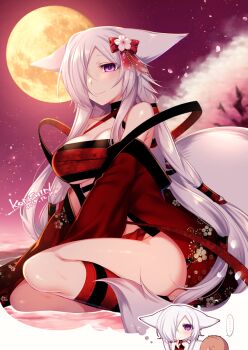 1girl aika_(konshin) animal_ears artist_name artist_self-insert bare_shoulders blush bow breasts cherry_blossoms cleavage closed_mouth dated detached_sleeves female_focus fictional_persona fox_ears fox_tail full_moon hair_bow hair_over_one_eye hair_tubes imagining japanese_clothes konshin large_breasts long_hair long_sleeves looking_at_viewer mole mole_(animal) moon moonlight night original outdoors purple_eyes sarashi sitting smile solo tail very_long_hair white_hair yokozuwari