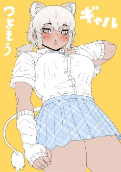 1girl absurdres animal_ears blue_bow blue_bowtie blue_eyes blue_skirt blush bow bowtie collared_shirt cowboy_shot dark-skinned_female dark_skin elbow_gloves extra_ears fingerless_gloves gloves grey_hair hair_between_eyes highres kemono_friends kumasyan1998 lion_ears lion_girl lion_tail looking_at_viewer open_mouth orange_background plaid_clothes plaid_skirt pleated_skirt school_uniform shirt shirt_tucked_in short_hair short_sleeves short_twintails sidelocks skirt solo t-shirt tail translation_request transvaal_lion_(kemono_friends) twintails white_gloves white_shirt