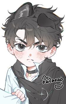 &gt;:( 1boy animal_ears black_eyes black_robe child clothes_grab collar collared_shirt fang flustered glint highres kemonomimi_mode looking_at_viewer male_focus omniscient_reader&#039;s_viewpoint owlaoao popped_collar robe shirt solo upper_body v-shaped_eyebrows white_shirt wolf_ears yoo_joonghyuk