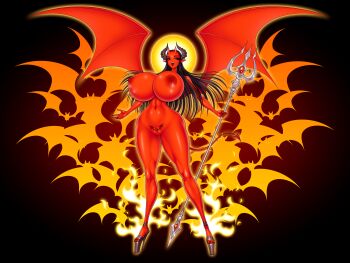1girl absurdres akiranime bats black_background bouncing_breasts breasts cleavage cleft_of_venus collarbone colored_skin completely_nude cowboy_shot cowgirl_position curvy dark_background demon_girl demon_horns demon_wings devil_girl devil_lady_(akiranime) full_body hell high_heels highres horns huge_breasts large_areolae legs_apart lips lipstick long_hair looking_at_viewer makeup monster_girl nail_polish navel nipples no_bra no_panties nude original platform_footwear platform_heels platform_high_heels polearm pubic_tattoo pussy red_skin shiny_skin smile solo standing straddling tattoo trident weapon wide_hips wings