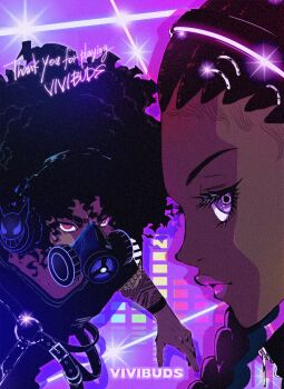 1boy 1girl afro arm_tattoo black_hair black_skirt copyright_name dark-skinned_female dark-skinned_male dark_skin headphones logo looking_at_viewer mask non-web_source official_art pink_lips profile purple_eyes red_eyes respirator skirt tattoo thank_you vivibuds