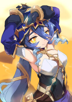 1girl armpits arms_up black_gloves blue_hair blue_hood blue_sleeves blurry blurry_background bracelet breasts bright_pupils closed_mouth commentary_request desert detached_sleeves dot_nose dress drill_hair drill_sidelocks genshin_impact gloves hair_between_eyes highres hood hood_up jewelry layla_(genshin_impact) long_hair long_sleeves looking_at_viewer medium_breasts mochihuman nature outdoors sidelocks smile solo upper_body usekh_collar very_long_hair white_dress white_pupils yellow_eyes