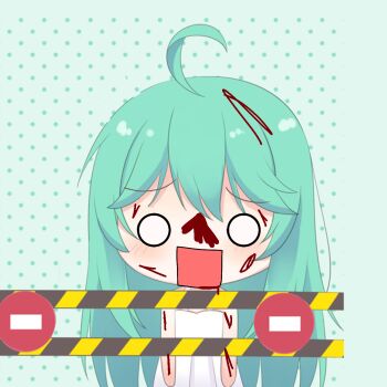 blood blood_in_hair blood_on_arm blood_on_face dress green_hair highres ibispaint_(medium) non-web_source open_mouth polka_dot polka_dot_background rectangular_mouth sleeveless square white_dress