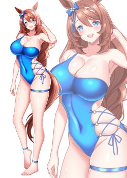 1girl amadeus_(amadeus08462844) animal_ears ankle_strap barefoot blue_eyes blue_one-piece_swimsuit bow braid braided_bangs breasts brown_hair commentary_request covered_navel cross-laced_clothes cross-laced_one-piece_swimsuit ear_ribbon groin half_up_braid highleg highleg_one-piece_swimsuit highres horse_ears horse_girl horse_tail large_breasts long_hair low-tied_long_hair one-piece_swimsuit sideless_swimsuit simple_background single_strap skindentation solo super_creek_(umamusume) swimsuit tail thigh_strap tucking_hair umamusume very_long_hair white_background white_streaks zoom_layer