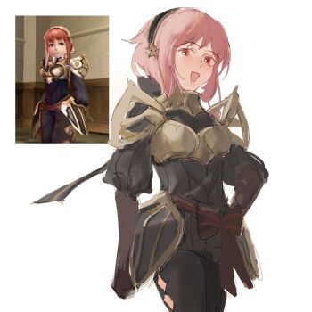 Rule 34 | 1girl, alternate costume, armor, brinaa sama, fire emblem, fire emblem fates, game screenshot inset, highres, looking at viewer, nintendo, open mouth, pink eyes, pink hair, sakura (fire emblem), screenshot inset, solo, upper body