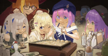 6+girls absurdres ahoge amane_kanata anemachi bare_shoulders beer_can blonde_hair blush bottle can colored_inner_hair cooking curled_horns drink_can food frills glasses green_eyes grey_hair hair_ornament hairclip hashtag-only_commentary hat heterochromia highres himemori_luna holding holding_can hololive horns hoshimachi_suisei kiryu_coco multicolored_hair multiple_girls off_shoulder one_eye_closed open_can open_mouth orange_hair parallel_hairclips party pink_hair purple_eyes purple_hair rizuy0 sheep_horns single_hair_intake sleeveless smile streaked_hair subaru_duck sweatdrop takoyaki takoyaki_pan takoyaki_pick tokoyami_towa tsunomaki_watame virtual_youtuber