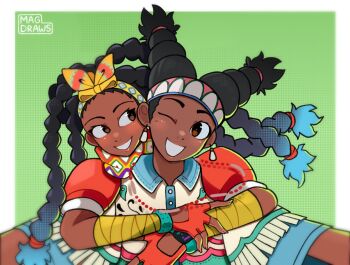 2girls arms_around_shoulders black_hair brown_eyes capcom dark-skinned_female dark_skin dreadlocks earrings fingerless_gloves gloves headband highres jewelry kimberly_jackson lily_hawk long_sleeves mag_(magdraws) multicolored_hair multiple_girls necklace one_eye_closed selfie short_sleeves smile street_fighter street_fighter_6 twintails wink