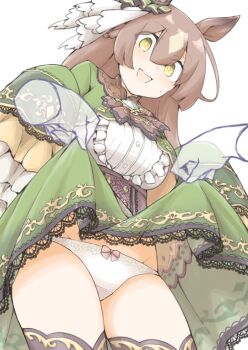 Rule 34 | 1girl, akara kai, animal ears, brooch, brown hair, clothes lift, commentary request, cowboy shot, dress, dress lift, ear ornament, embarrassed, green dress, highres, horse ears, jewelry, long hair, looking at viewer, multicolored hair, open mouth, panties, satono diamond (natural brilliance) (umamusume), satono diamond (umamusume), skirt, skirt lift, solo, two-tone hair, umamusume, underwear, white background, white panties