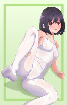 Rule 34 | 1girl, akippoi 0919, barefoot, black hair, breasts, brown eyes, commentary request, competition school swimsuit, covered navel, feet out of frame, green background, highres, leg up, one-piece swimsuit, original, pantyhose, pantyhose under swimsuit, school swimsuit, short hair, small breasts, solo, swimsuit, two-tone background, white one-piece swimsuit, white pantyhose