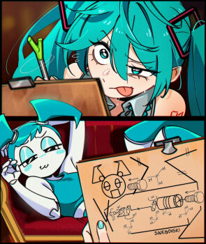 2girls android arm_tattoo artist_name blurry blurry_foreground blush_stickers clipboard commentary couch crossover draw_me_like_one_of_your_french_girls_(meme) drawing_(action) drawing_(object) english_commentary grey_shirt half-closed_eye half-closed_eyes hatsune_miku highres holding holding_clipboard holding_pen jenny_wakeman long_hair looking_at_another meme multiple_girls my_life_as_a_teenage_robot pen photo-referenced reclining shirt sleeveless sleeveless_shirt snegovski sweat tattoo titanic_(movie) tongue tongue_out twintails vocaloid