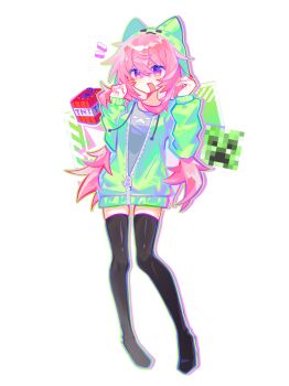 1girl absurdres alternate_hair_color animal_ears black_thighhighs blush_stickers cat_ears commentary_request creeparka creeper cupa_(at2.) explosive fake_animal_ears green_jacket highres hood hood_up hooded_jacket jacket minecraft mob_talker open_clothes open_jacket open_mouth outline personification pink_eyes pink_hair print_shirt shirt simple_background single_blush_sticker solo thighhighs tnt tnt_block_(minecraft) white_background xinjinjumin145685863669 zipper