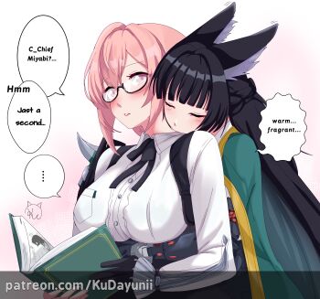 2girls absurdres animal_ear_fluff animal_ears black_gloves black_hair blunt_bangs blush book breasts closed_eyes dress_shirt english_text fox_ears fox_girl gauntlets gloves green_jacket highres holding holding_book hoshimi_miyabi hug hug_from_behind jacket kudayunii large_breasts long_hair looking_at_another multiple_girls parted_lips pink_eyes pink_hair shirt sidelocks simple_background speech_bubble tsukishiro_yanagi upper_body white_shirt yuri zenless_zone_zero