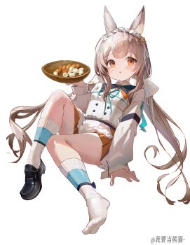 1girl :o absurdres animal_ears aqua_ribbon arknights black_shoes blush brown_hair chinese_commentary commentary_request food frilled_hairband frills full_body hairband highres holding knee_up kneehighs loafers long_hair long_sleeves looking_at_viewer making-of_available miniskirt neck_ribbon orange_eyes orange_skirt parted_lips ribbon shirt shoes sidelocks simple_background skirt socks solo twintails video_thumbnail warmy_(arknights) white_background white_hairband white_shirt white_socks wo_yao_dang_xiongmao