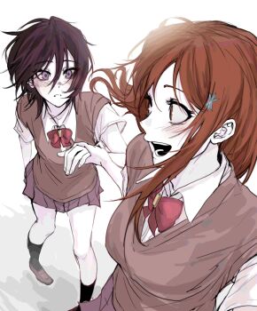 2girls black_hair bleach bow breasts brown_eyes closed_mouth grabbing_another&#039;s_hand hair_ornament hairclip highres inoue_orihime karakura_high_school_uniform knee_socks kuchiki_rukia light_blush long_hair medium_hair multiple_girls open_mouth orange_hair red_bow school_uniform shoes simple_background skirt small_breasts snowflake_hair_ornament white_background wonhae10054523