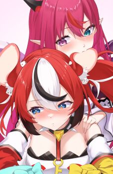 2girls absurdres animal_ear_fluff animal_ears aqua_bow black_hair black_horns blue_eyes blush bow breasts bright_pupils cheese closed_mouth collar dice_hair_ornament ear_in_mouth food hair_ornament hakos_baelz hakos_baelz_(1st_costume) hand_on_another&#039;s_shoulder heterochromia highres hololive hololive_english horns ilie_ilie irys_(hololive) key long_hair mouse_ears multicolored_hair multiple_girls pink_hair pointy_ears purple_eyes red_hair spiked_collar spikes streaked_hair virtual_youtuber white_hair white_pupils yellow_bow