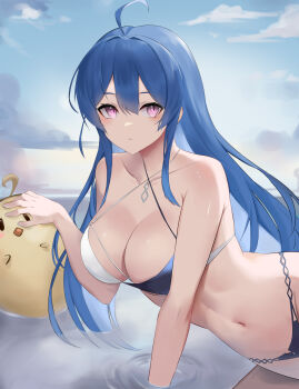 1girl absurdres arm_support azur_lane bikini blue_hair blush breasts cleavage commentary_request day expressionless frown groin hair_between_eyes hand_up helena_(azur_lane) helena_(shimmering_triangle_wave)_(azur_lane) highres large_breasts long_hair looking_at_viewer manjuu_(azur_lane) medium_breasts multicolored_bikini navel obniermarbiss outdoors partially_submerged purple_eyes solo swimsuit two-tone_bikini very_long_hair wet wet_hair