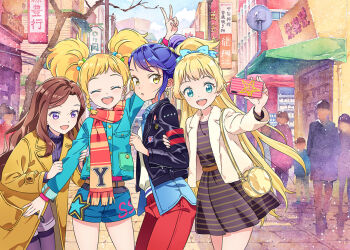 Rule 34 | 4girls, :d, aikatsu! (series), aikatsu stars!, arm up, black dress, black jacket, blonde hair, blue eyes, blue hair, blue jacket, blue shorts, bow, brown hair, building, casual, closed eyes, coat, commentary request, cowboy shot, dress, hair bobbles, hair bow, hair ornament, holding, holding phone, jacket, kasumi yozora, katoh akatsuki, kisaragi tsubasa, long hair, long sleeves, looking at viewer, multicolored hair bobbles, multiple girls, nikaido yuzu, open mouth, outdoors, pants, people, phone, ponytail, red pants, red scarf, road, scarf, shiratori hime, short dress, shorts, smile, standing, street, striped clothes, striped scarf, sweater, taking picture, turtleneck, turtleneck sweater, twintails, v, white jacket, yellow bag, yellow coat, yellow eyes