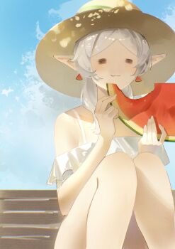 1girl :3 absurdres blue_sky closed_eyes earrings eating elf feet_out_of_frame food frieren fruit grey_hair hair_over_shoulder hat highres holding holding_food holding_fruit holding_watermelon ikachyu jewelry off-shoulder_shirt off_shoulder parted_bangs pointy_ears shirt sitting sky solo sousou_no_frieren sun_hat upper_body watermelon watermelon_slice white_shirt