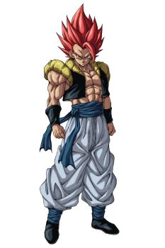 Rule 34 | 1boy, abs, absurdres, bare shoulders, black vest, blue sash, clenched hands, commentary request, cropped vest, dragon ball, dragon ball super, dragon ball super broly, full body, gogeta, highres, male focus, medium hair, metamoran vest, muma maximum76, muscular, muscular male, no shirt, pants, red eyes, red hair, sash, simple background, solo, spiked hair, super saiyan, super saiyan god, vest, white background, white pants
