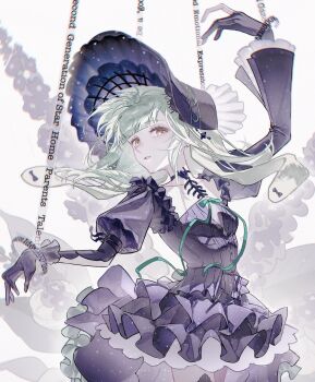 1girl animal_ears arknights arm_up bang_dream! bang_dream!_it's_mygo!!!!! black_bonnet black_dress black_gloves bonnet chinese_commentary commentary_request cowboy_shot dress floating_hair floppy_ears frilled_dress frilled_sleeves frills gloves gothic_lolita green_hair hair_ornament highres juliet_sleeves lolita_fashion long_hair long_sleeves looking_at_viewer mysteryyyy puffy_sleeves puppet_strings rabbit_ears rabbit_girl sidelocks solo standing wakaba_mutsumi wakaba_mutsumi_(marionette's_id) x_hair_ornament yellow_eyes