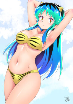 1girl animal_print arms_behind_head bikini blush breasts cleavage cloud cloudy_sky cone_horns fang fur_bikini green_hair highres horns kamogawa_tanuki large_breasts long_hair looking_at_viewer lum oni open_mouth orange_eyes print_bikini signature sky small_horns solo strapless strapless_bikini striped_horns swimsuit tiger_panties tiger_print urusei_yatsura yellow_bikini yellow_horns