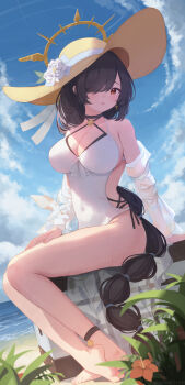 1girl :d absurdres akizuki_kawakaze anklet beach black_choker black_hair blue_archive blue_sky box braid breasts choker cleavage cloud cloudy_sky commentary_request criss-cross_halter earrings hair_over_one_eye halterneck hat highleg highleg_one-piece_swimsuit highres hinata_(blue_archive) hinata_(swimsuit)_(blue_archive) horizon jewelry large_breasts long_hair looking_at_viewer low_ponytail ocean on_box one-piece_swimsuit open_mouth ponytail red_eyes sidelocks single_braid sitting sitting_on_box sky sleeveless smile soles solo straw_hat sun_hat swimsuit toes white_one-piece_swimsuit