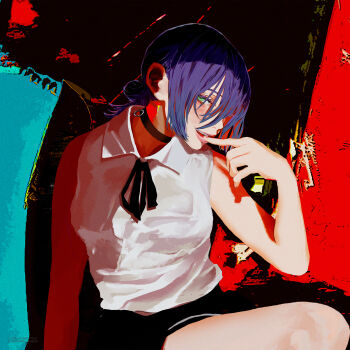 1girl absurdres album_cover artist_name biting_own_finger black_choker black_ribbon black_shorts blush breasts chainsaw_man choker collared_shirt copyright_name cover green_eyes hair_bun highres lips looking_at_viewer medium_breasts official_art purple_hair reze_(chainsaw_man) ribbon second-party_source shirt short_hair shorts sidelocks single_hair_bun sleeveless sleeveless_shirt smile teeth thighs upper_teeth_only white_shirt yonezu_kenshi