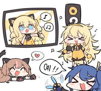 4girls blonde_hair blue_eyes blue_hair brown_hair chibi girls&#039;_frontline griffin_&amp;_kryuger_military_uniform heart image_sample jacket k11_(girls&#039;_frontline) miniskirt mk23_(girls&#039;_frontline) multicolored_hair multiple_girls music s.a.t.8_(girls&#039;_frontline) seeu singing skirt speaker twitter_sample two-tone_hair white_background zocehuy