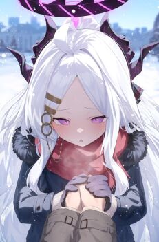 1boy 1girl ahoge black_gloves black_halo blue_archive building day demon_girl demon_horns gloves halo highres hina_(blue_archive) horns kuchisode long_hair outdoors purple_eyes red_scarf scarf sensei_(blue_archive) snow snowing very_long_hair white_hair winter winter_uniform