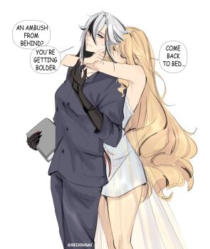 2girls arlecchino_(genshin_impact) armpits arms_around_neck bare_arms black_hands black_pants black_shirt black_streaks blonde_hair blue_dress book closed_eyes colored_extremities commentary dress english_commentary english_text genshin_impact highres holding holding_book hug hug_from_behind multiple_girls navia_(genshin_impact) pants parted_lips seijousai shirt simple_background smile speech_bubble white_background white_hair yuri