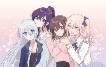 1other 25-ji_nightcord_de._(project_sekai) 3girls :d :o akiyama_mizuki annoyed arm_up asahina_mafuyu blue_eyes blue_jacket blue_ribbon blue_shirt blue_skirt blush braid brown_eyes brown_hair buchu14569590 clothing_cutout collared_shirt commentary drill_hair drill_ponytail drill_sidelocks floral_background gradient_background hair_ribbon hand_on_another's_shoulder hand_up happy high_ponytail high_side_ponytail jacket long_hair looking_at_another medium_hair multicolored_eyes multiple_girls neck_ribbon open_mouth orange_scrunchie pink_background pink_eyes pink_hair pink_shirt ponytail project_sekai purple_background purple_eyes purple_hair ribbon scrunchie shinonome_ena shirt short_hair shoulder_cutout side_braid sidelocks skirt smile suspender_skirt suspenders sweatdrop symbol-only_commentary two-tone_eyes very_long_hair white_hair white_shirt yoisaki_kanade