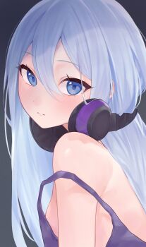 1girl absurdres bare_shoulders blue_eyes blush breasts closed_mouth commentary_request genmai_komeko hair_between_eyes headphones headphones_around_neck highres long_hair looking_at_viewer project_sekai purple_tank_top sideboob simple_background small_breasts solo strap_slip tank_top white_hair yoisaki_kanade