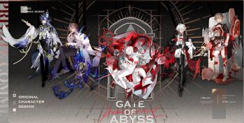 5boys belt black_pants black_shirt blonde_hair blue_eyes blue_hair boots brown_hair cape capelet coat collared_shirt copyright_name english_text floating frills full_body hair_between_eyes hair_ornament high_heels highres holding liulianjingrua long_hair long_sleeves looking_at_viewer male_focus multicolored_hair multiple_boys original pants shirt short_hair shorts socks standing streaked_hair sword tassel weapon white_hair white_pants white_shirt wide_sleeves