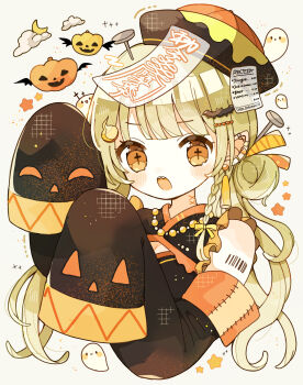 Rule 34 | 1girl, absurdres, bare shoulders, bat hair ornament, black shirt, blunt bangs, blush, braid, commentary request, cross-shaped pupils, dosukoi (nagihoko), green hair, hair ornament, hair ribbon, halloween, hat, heart, heart hair ornament, highres, jiangshi, long hair, long sleeves, object through head, ofuda, ofuda on head, open mouth, orange eyes, orange hat, orange ribbon, original, ribbon, screw in head, shirt, simple background, single braid, sleeves past fingers, sleeves past wrists, solo, symbol-shaped pupils, teeth, upper teeth only, white background